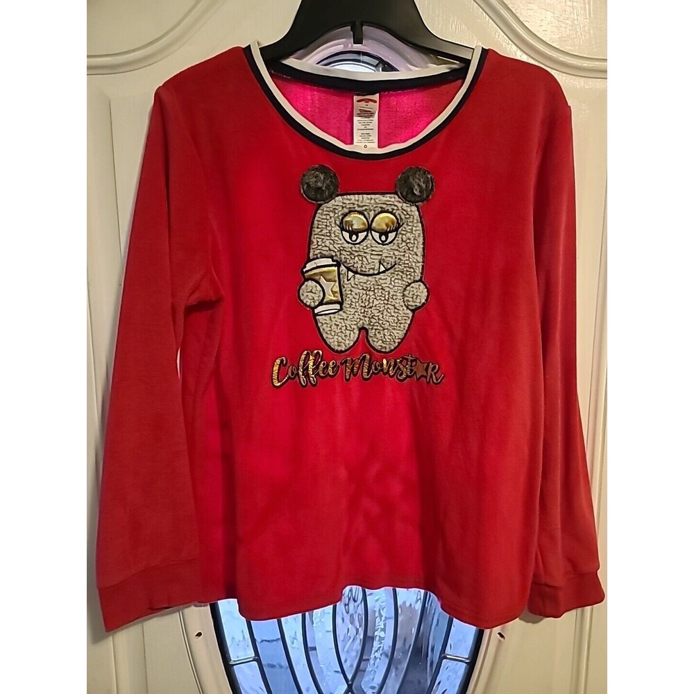 Holiday Time Women's Pink Long Sleeve Plush Coffee Monster Sweatshirt Size M